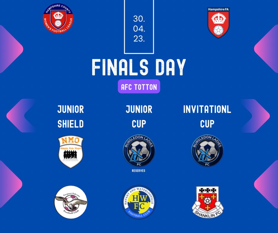 ＴＨＥ ＦＩＮＡＬ ＳＩＸ

Here’s our finalists for the upcoming finals day taking place on the 30th April!

Junior Shield: 
NMO Ladies 🆚 Gosport Falcons Ladies FC

Junior Cup:
Bursledon Ladies FC reserves 🆚 Havant &amp; Waterlooville Women FC