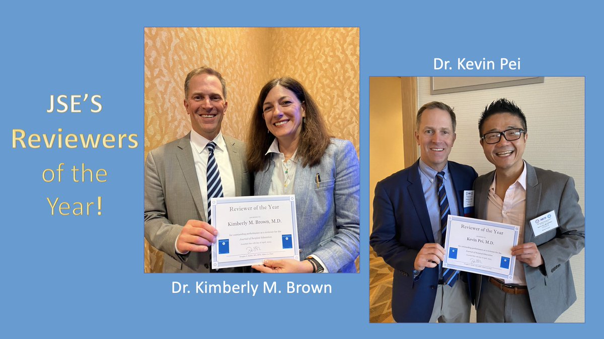 Congratulations to the Journal of Surgical Education's Reviewers of the Year: Dr. Kimberly M. Brown and Dr. Kevin Pei! #SEW2023 #APDS @APDSurgery #surgicaleducation #ASE2023 @Surg_Education #SurgEd #surgtwitter #MedEd