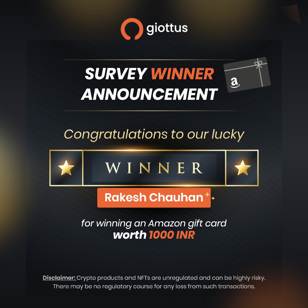 giottus's tweet photo. 🥁Congratulations to our lucky winner - Rakesh Chauhan, who just won an Amazon gift card worth 1000 INR for participating in Giottus' Crypto Survey!🎁
Thank you all for participating.
#contestalert #contestalertindia #giveawayindia #GiveawayAlert #AmazonGiftCard #SurveyResponse https://t.co/bkHvyor1rz