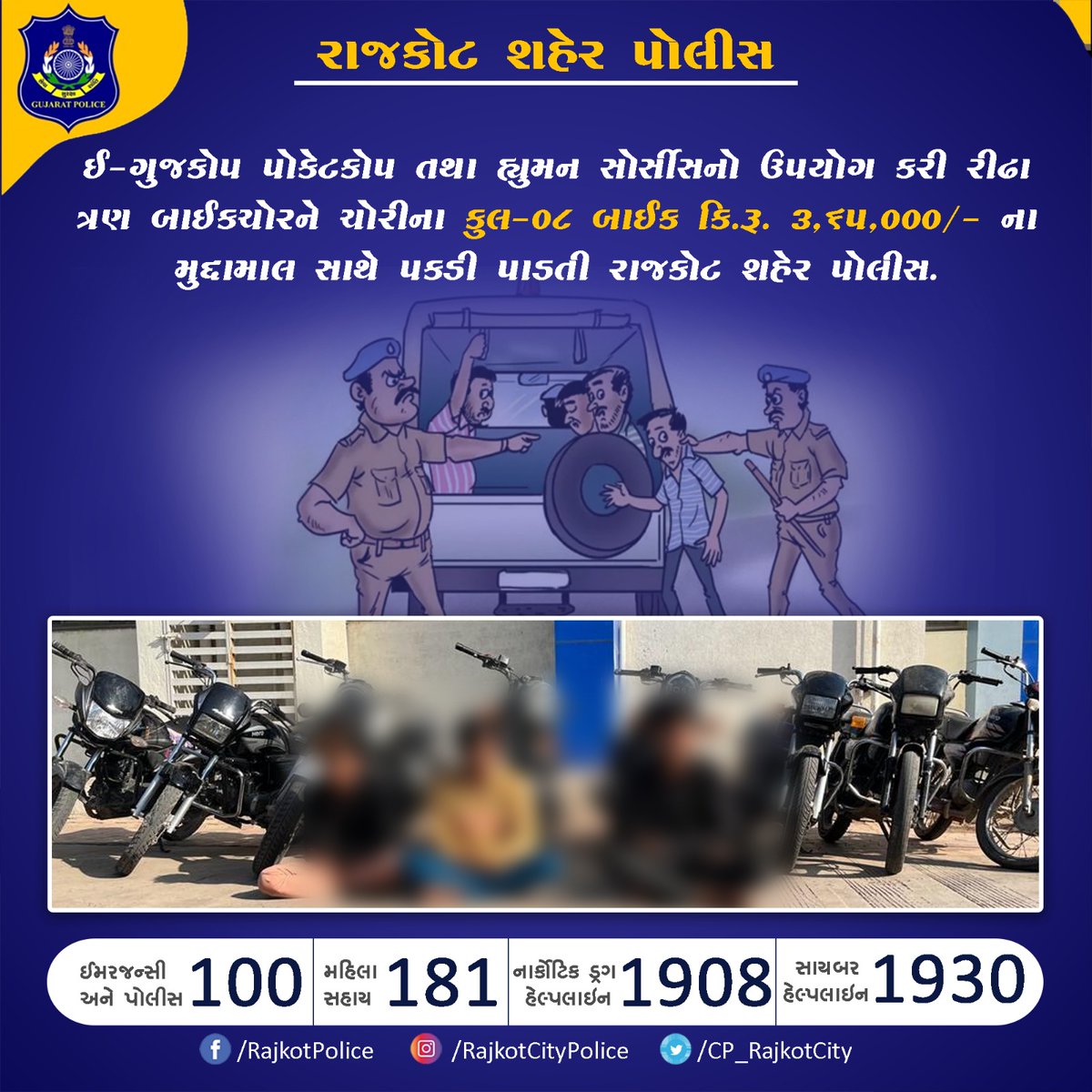 CP_RajkotCity's tweet photo. ઈ-ગુજકોપ પોકેટકોપ તથા હ્યુમન સોર્સીસનો ઉપયોગ કરી રીઢા ત્રણ બાઈકચોરને ચોરીના કુલ-૦૮ બાઈક કિ.રૂ. ૩,૬૫,૦૦૦/- ના મુદ્દામાલ સાથે પકડી પાડતી રાજકોટ શહેર પોલીસ.
@CMOGuj
@sanghaviharsh
@dgpgujarat
@GujaratPolice
#Rajkot #RajkotCityPolice #LawAndOrder #eGujCop #PocketCop https://t.co/hshaBY6QS6