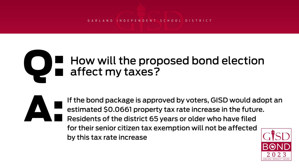 Daily Bond Q&amp;A: How will the proposed bond election affect my taxes?

For more info on the bond &amp; upcoming Town Hall Meetings, please visit garlandisd.net/bond2023