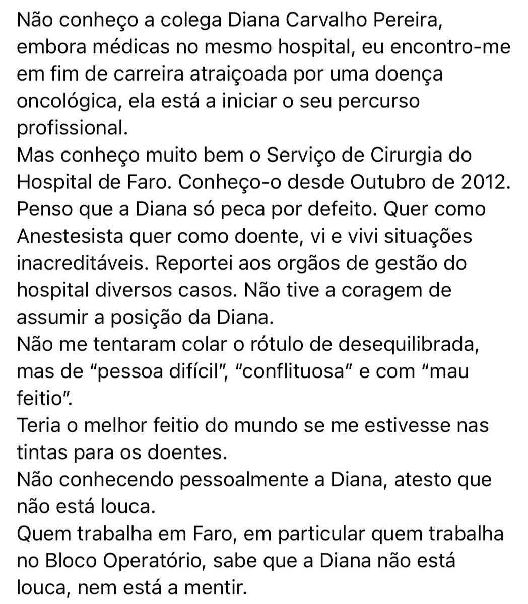enfermeira_a's tweet photo. Publicação da anestesista Rosina Andrade, do hospital de Faro. Mas, entretanto, a Diana, que teve a coragem que mais ninguém teve anteriormente, já foi “posta a andar” pelo hospital. Que podridão! https://t.co/SCnd8UZ1P9