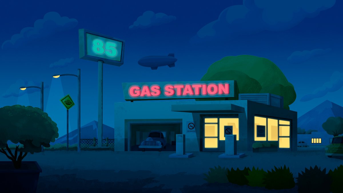 danfernandesart's tweet photo. Cenário para Animação - Cenário Externo | Posto de Gasolina Antigo #illustration #animation #background #danielfernandesart #cenario_08 https://t.co/S0sJSQK7Ja