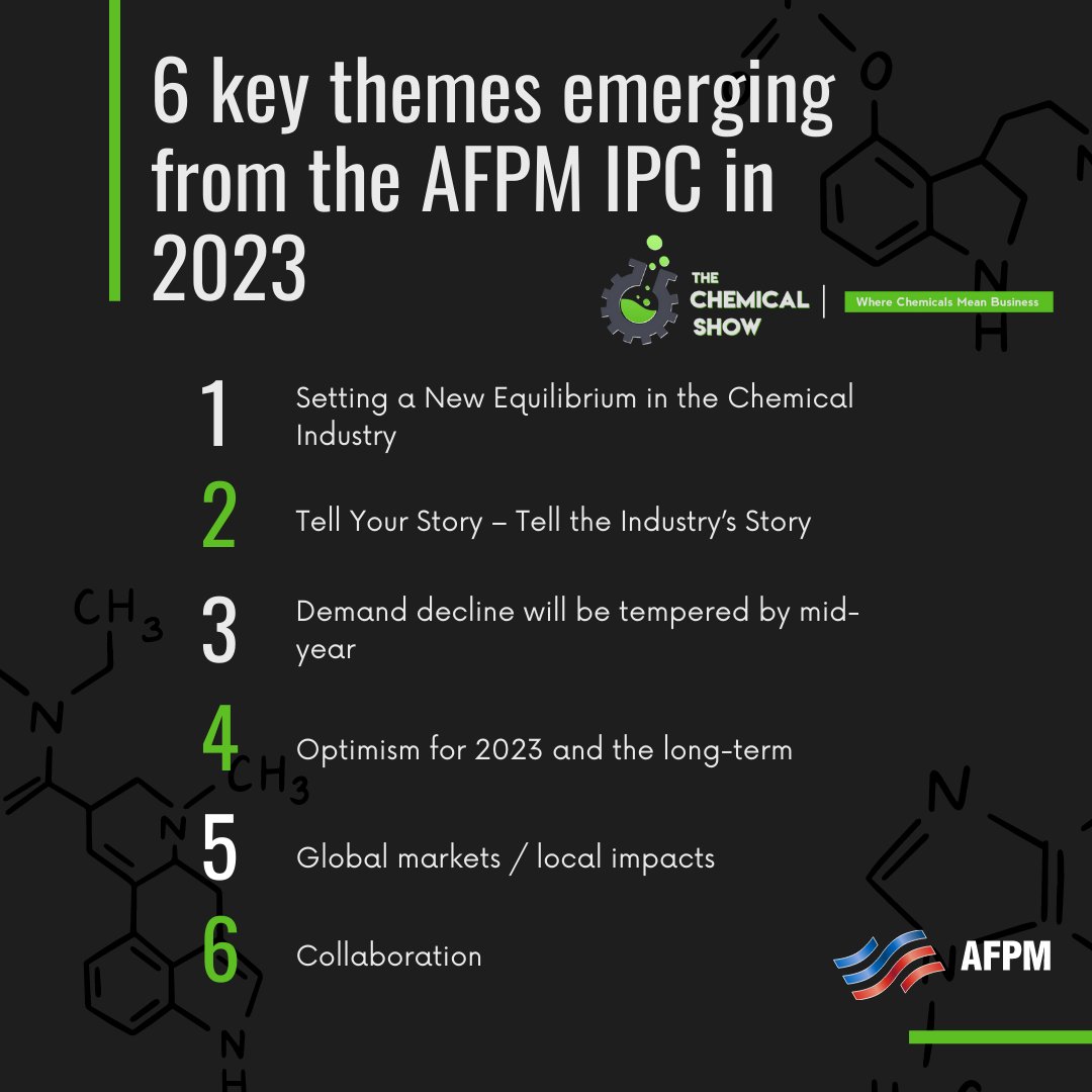 TheChemicalShow's tweet photo. @VictoriaKMeyer reflects on the 6 key themes from the recent @AFPMonline IPC this week. Learn more about a new #equilibrium in the industry, telling the industry's #story, #demanddecline, #optimism in 2023, #globalmarkets & local impacts, & #collaboration. https://t.co/KwSV1XrmWn https://t.co/RUSIykWlQR