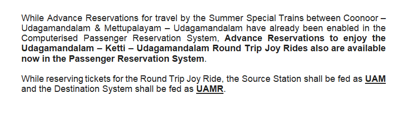 Summer Special Trains in NMR!

Now, Tourists can make Advance Reservations for Round Trip Joy Rides also.

<a href="/GMSRailway/">Southern Railway</a> <a href="/RailMinIndia/">Ministry of Railways</a>