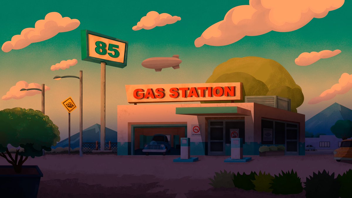 danfernandesart's tweet photo. Cenário para Animação - Cenário Externo | Posto de Gasolina Antigo #illustration #animation #background #danielfernandesart #cenario_08 https://t.co/S0sJSQK7Ja