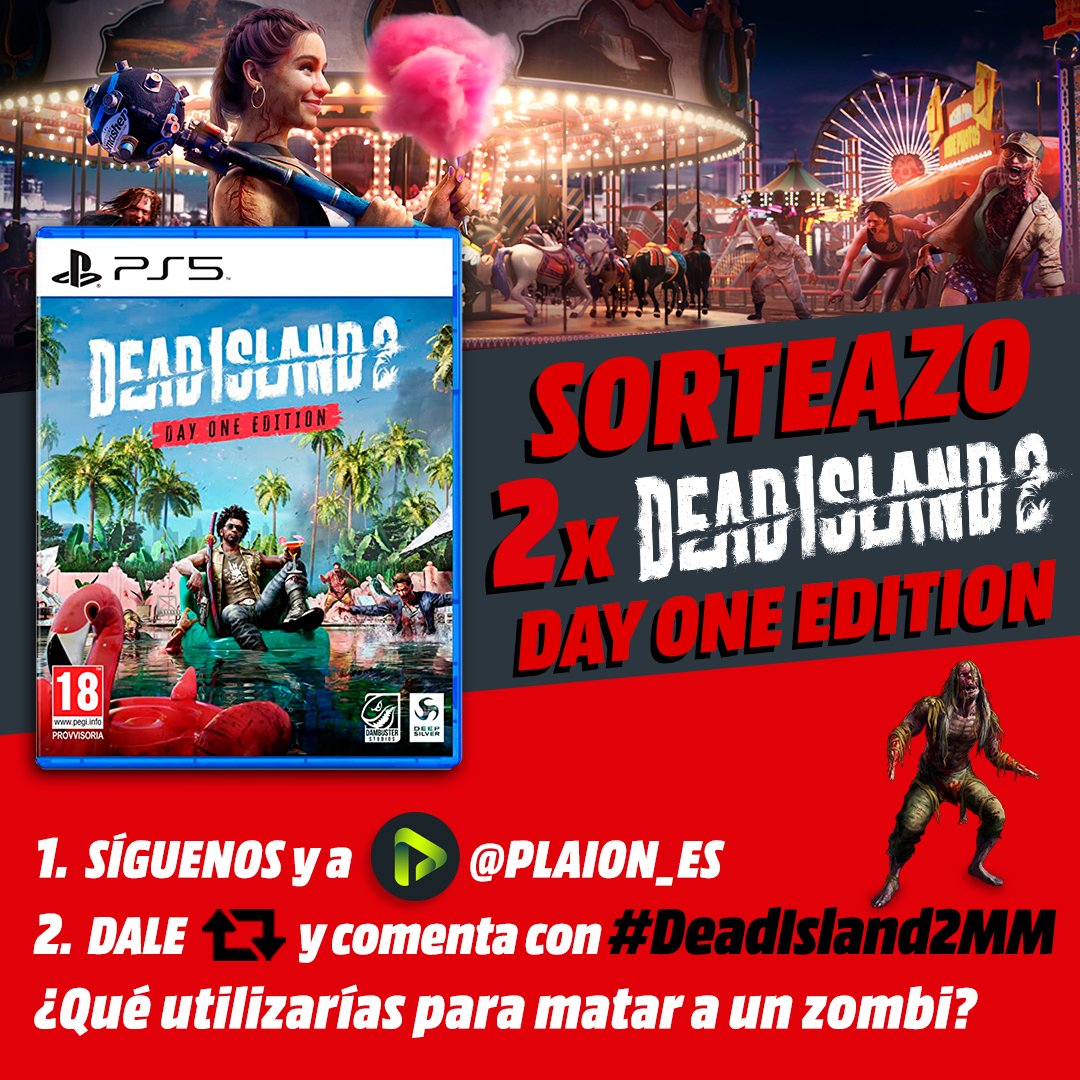 MediaMarktGames's tweet photo. 💥SORTEAMOS 2⃣ DEAD ISLAND 2 para PS5😱 ¡¡Vuelve la apreciada saga de zombis!! 🔥

🧟‍♂️Síguenos y a @PLAION_ES 
🧟‍♀️Dale RT y comenta con #DeadIsland2MM
¿Qué utilizarías para matar a un zombi? 🤘

Consigue este juegazo👉 https://t.co/5nHzRidxXr
⏰Hasta el 23/4 https://t.co/rVXDKtHaEY