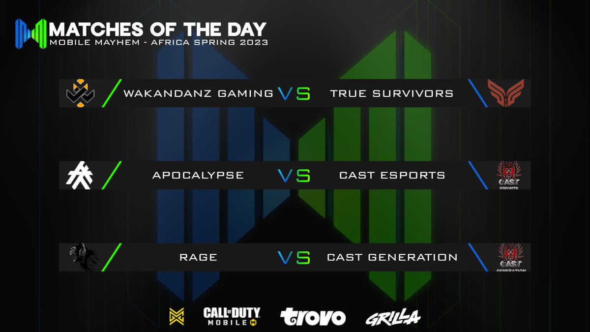 MM Africa Spring Season is here❗❗
Here are tonight's Season Opener Matchups
🅻🅸🆅🅴: trovo.live/s/Amplified/20… with @Phabstreams 

Time: 7pm WAT/2pm EST
The teams are ready to #CauseMayhem in #CoDMobile Are you ready for the Mayhem? 😈 
<a href="/RageGamingAf/">RAGE GAMING</a> <a href="/IrisCODM/">Iris </a> <a href="/PlayCODMobile/">Call of Duty: Mobile</a>