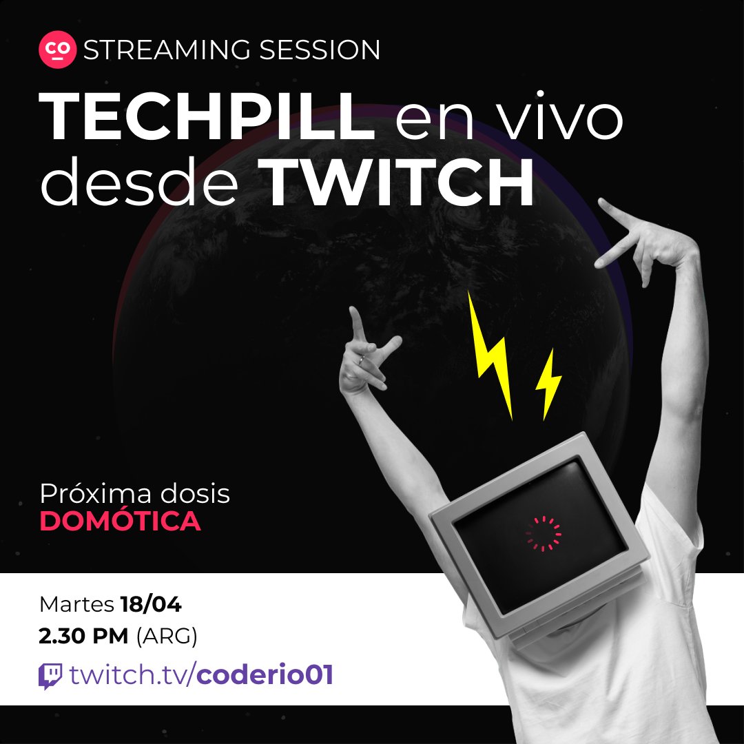 coderio_'s tweet photo. Nuevo canal oficial de #Coderio en @Twitch 🧨 Sí! Tech Pill ahora por #streaming 🖥️ En esta primera transmisión 🏠domótica & hogares inteligentes🏠 Sigue https://t.co/ppyRrrORno y activa las notificaciones! #CoderianSpirit #community #technology #software #Twitch #ambassadors https://t.co/KbwIgK39yI
