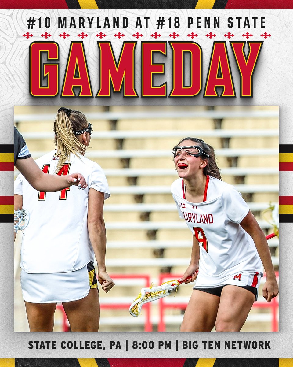 MarylandWLax's tweet image. Thursday Night Lights 💡

No. 10 Maryland at No. 18 Penn State

⏰ 8:00 p.m.  
📺 @BigTenNetwork
💻 go.umd.edu/b1gbtn
📈 go.umd.edu/3mDZCLQ

#FearTheTurtle