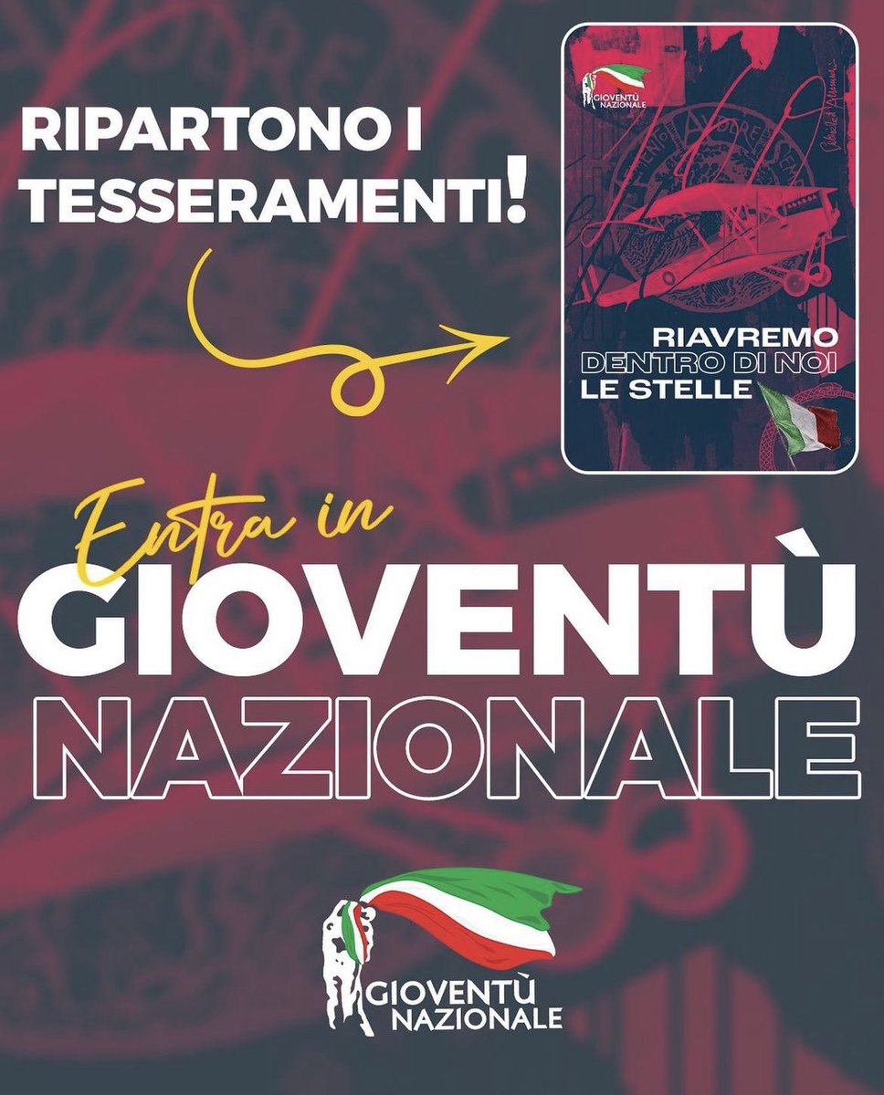 catalano_'s tweet photo. Aperti i tesseramenti: entra in Gioventù Nazionale!🇮🇹🔥
Per tesserarti clicca sul link in bio
#gioventunazionale #giovani #italia #italiani https://t.co/vJK8Gucz11