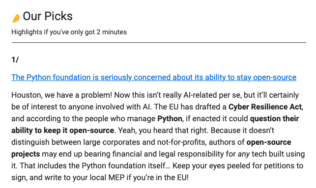 Phillips_M_G's tweet image. Forcing Python to no longer be open-source would be a true disaster from the EU

From today's @bensbitesdaily