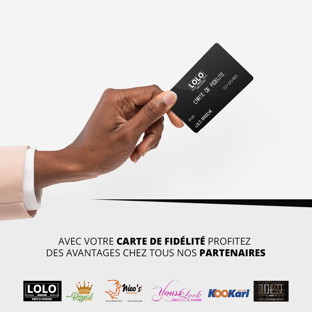 LoloAndoche's tweet photo. Avec votre CARTE DE FIDÉLITÉ LOLO ANDOCHE, les avantages ne sont pas uniquement chez nous
Profitez d’offres préférentielles chez nos différents partenaires 🤩: 
⭕Duchesse de château fort 
⭕Royal panini's
⭕Youss Look
⭕Nico's hair 
⭕kookari....
 
#loloandoche https://t.co/TZzd9fXwTP