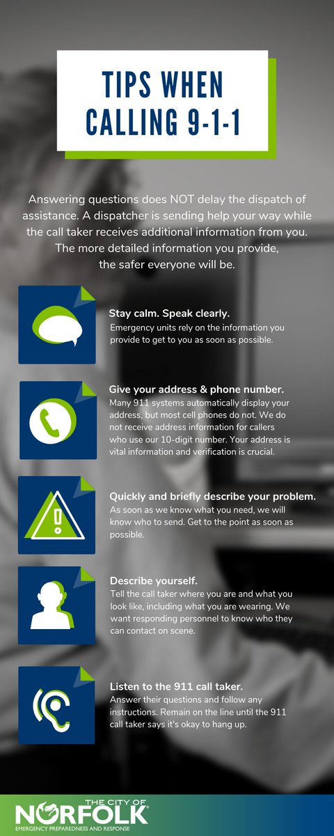 NorfolkVA's tweet photo. Why do 911 telecommunicators ask so many questions? They're gathering info for first responders. Answering questions does not delay assistance!

What can you do?
✅ Stay calm
✅ Give your address/phone number
✅ Briefly describe the situation/yourself
✅ Listen to the call taker https://t.co/NoeQQMBizL