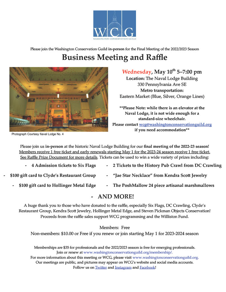 DCconservators's tweet photo. Join us for our final meeting of the 2022-23 season in-person on Wednesday, May 10th (5-7pm) at The Naval Lodge Building ☺️🫶
Members and early membership renewals receive 1 free ticket to be entered towards a raffle 🤩~ https://t.co/dKwbiBngqr