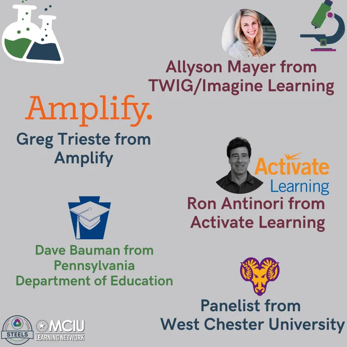 Grey background with Science Graphics in corners. Allyson Mayer from TWIG/Imagine Learning with her headshot. Greg Trieste from Amplify with Amplify logo. Ron Antinori from Activate Learning with his headshot and Activate Learning logo. Dave Bauman from Pennsylvania Department of Education with PDE logo. Panelist from West Chester University With West Chester University Logo.
