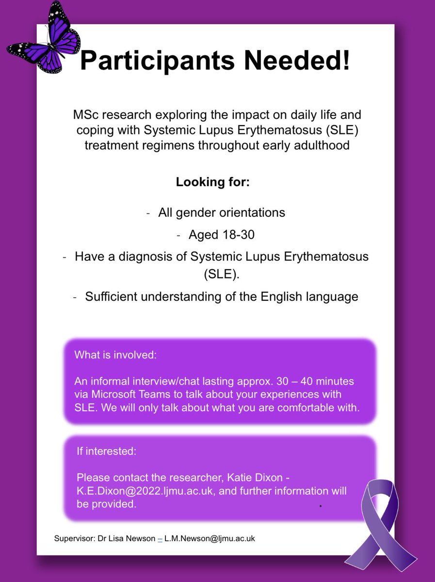 As we are just less than a month away from World Lupus Day on the 10th May, I am recruiting participants to take part in my MSc research. See below for details. 

Any help would be very much appreciated and please share, thank you ☺️ 

<a href="/DrLisaNewson/">Lisa Newson</a>