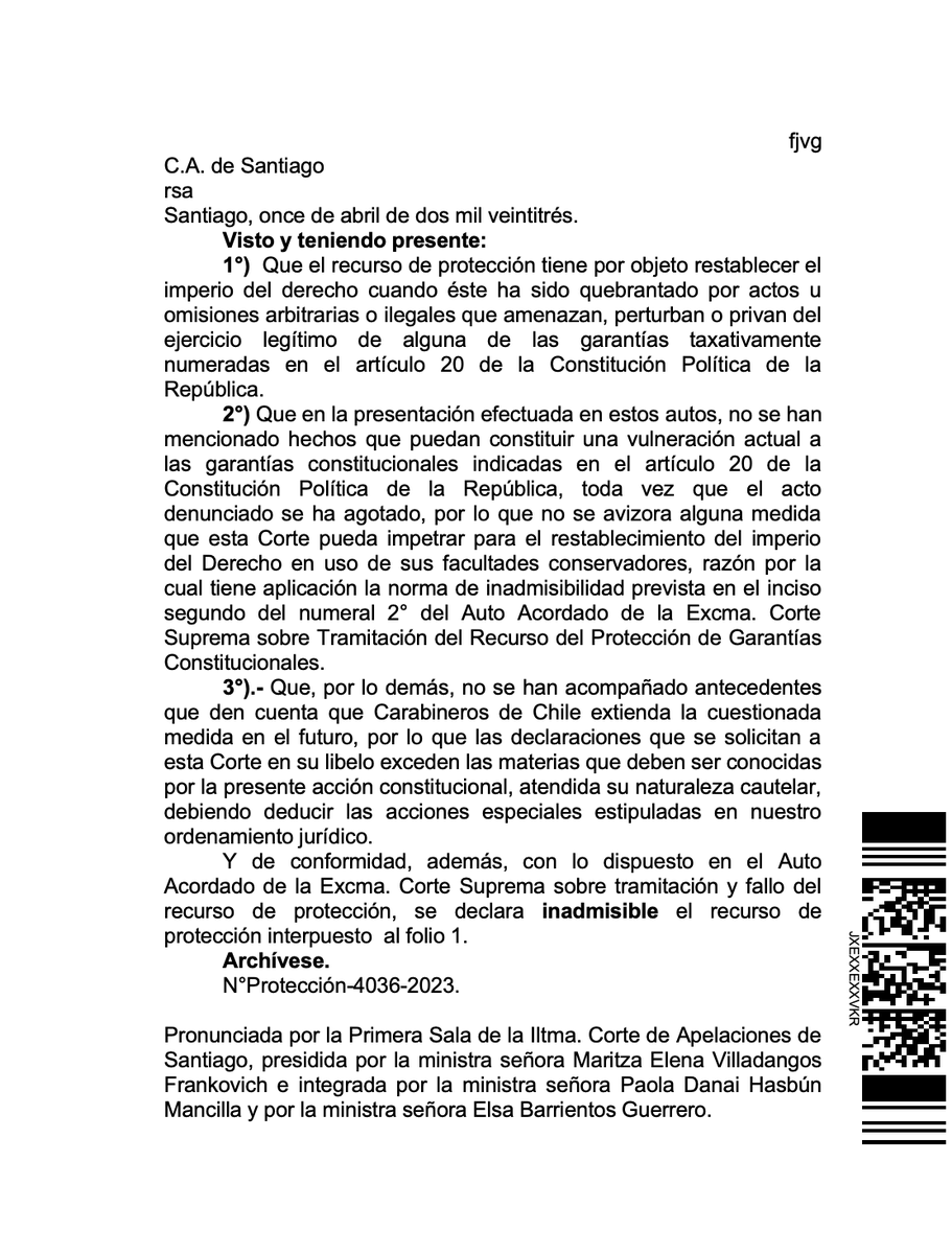 N_PrensaCL's tweet photo. 🔴 AHORA: Corte de Apelaciones declara inadmisible recurso interpuesto en contra de general de @Carabdechile, Alex Chavan, tras veto a periodista @paulinadeallend. https://t.co/YxWG3GUP3q