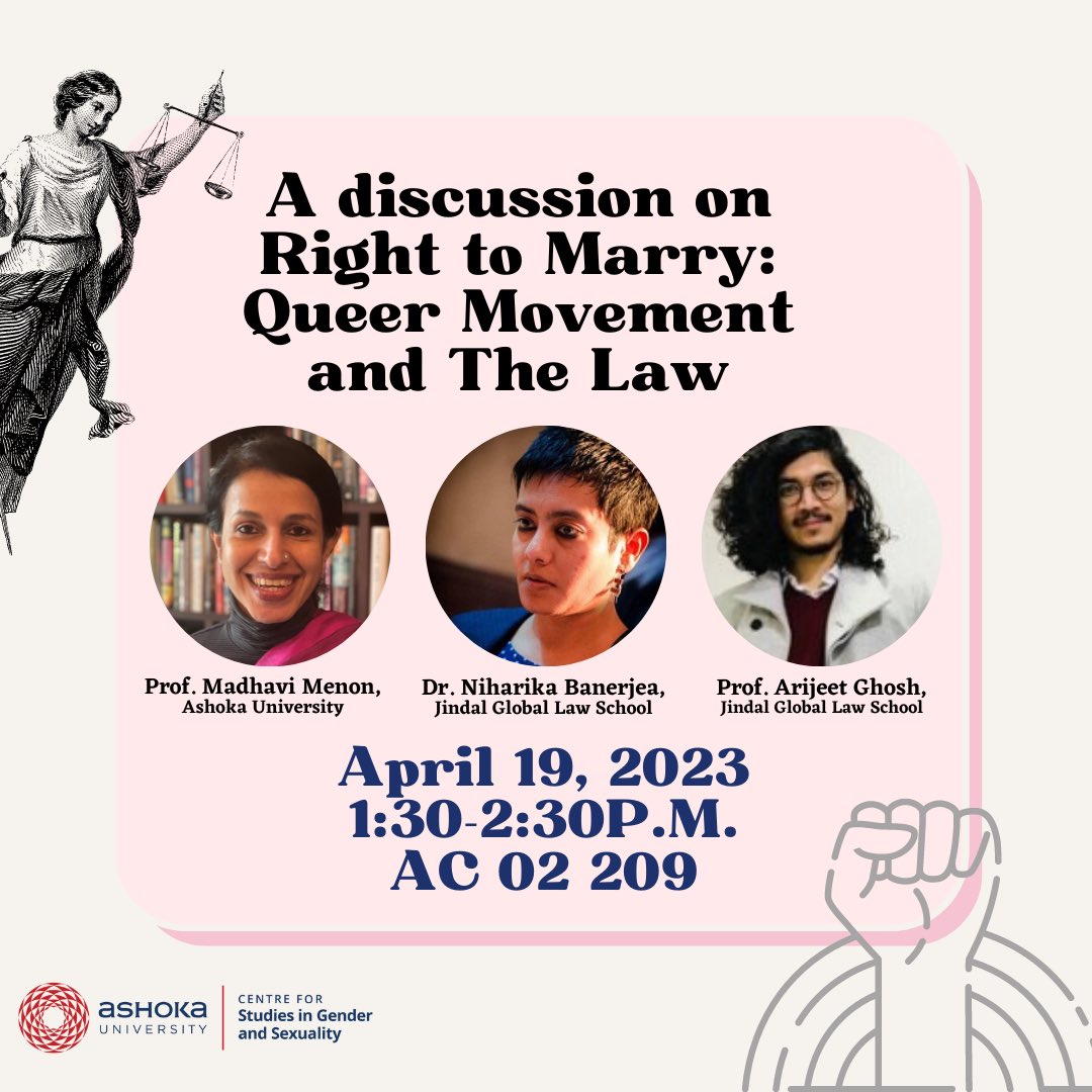 CSGS_Ashoka's tweet image. We are delighted to invite you to a panel discussion on the same sex marriage debate: “Right to Marry: Queer Movement and The Law” which will be held on April 19,2023. 

#csgs #ashokauniversity