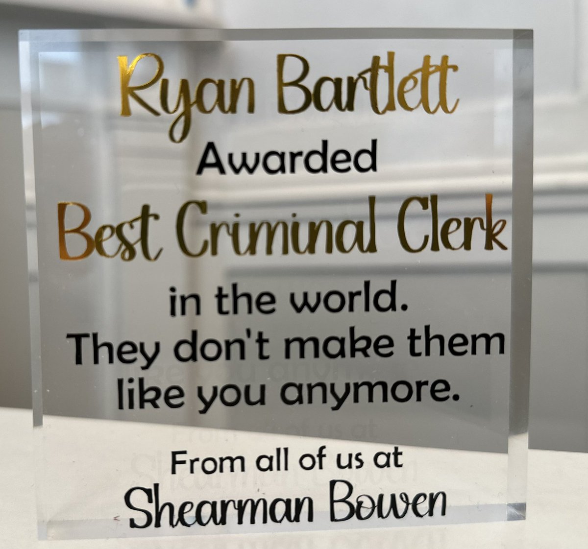 Congratulations to Drystone’s Ryan Bartlett, Awarded ‘Best Criminal Clerk’ by #Criminal #Solicitors Shearman Bowen! Amazing! 🍾 🥂