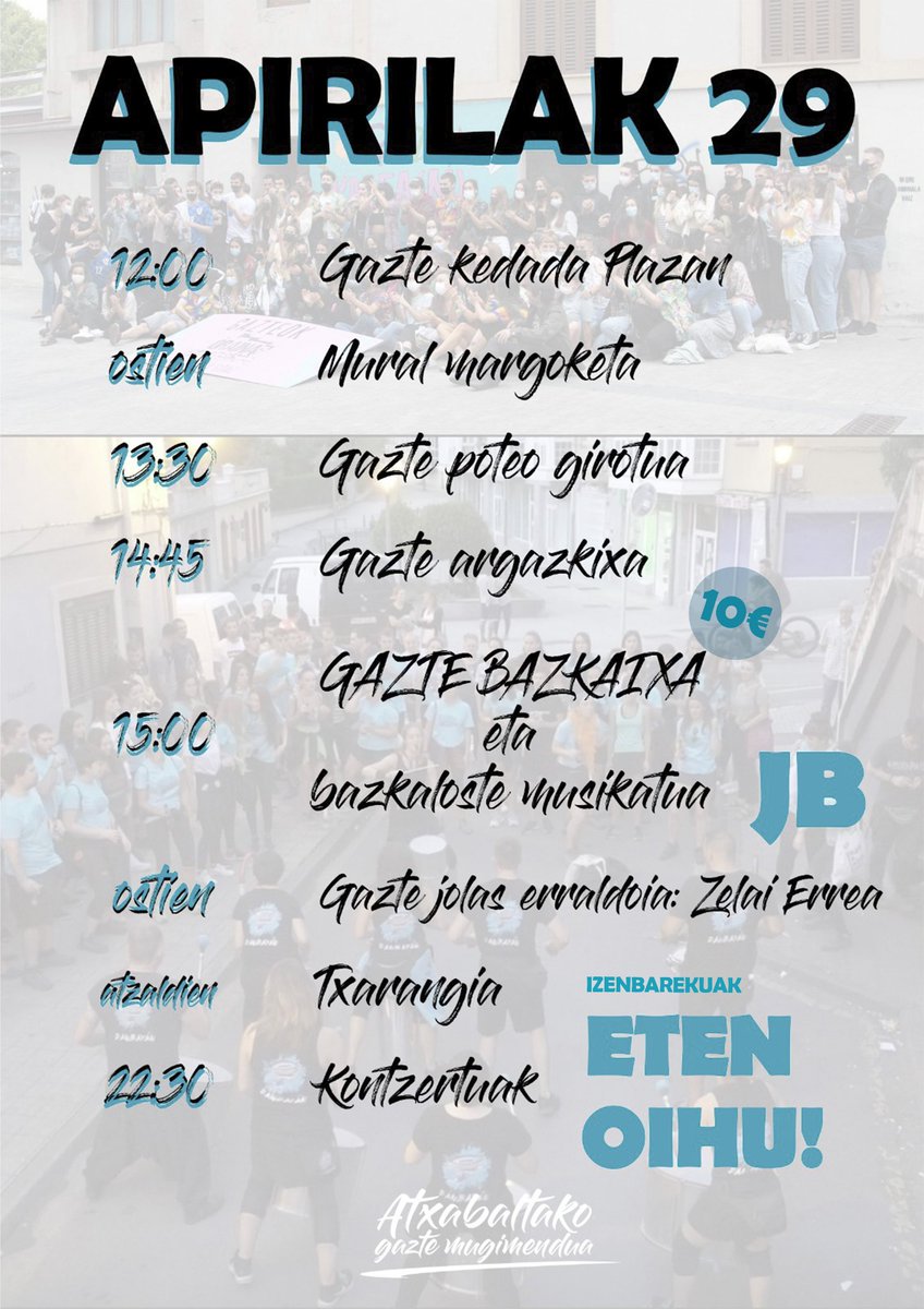 Badator... Bertan dau Gazte Eguna!!!

Mural, jolas, bazkari, kontzertu... eta askoz gehixau!!!💥✊🛠️

Gazte bazkaiko tiketak Urbaltzen salgai gaurtik aurrera. 🎟️

Animau🔥