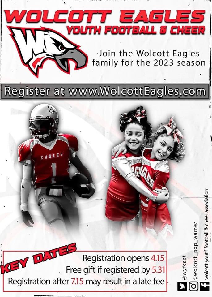 WYFCACT's tweet photo. It’s almost here!!! Get ready to register to join the Wolcott Eagles Youth Football and Cheer family for the upcoming season!! Registration opens this Saturday, April 15th!! https://t.co/58oNExSe5R https://t.co/0dZgdLSLlU