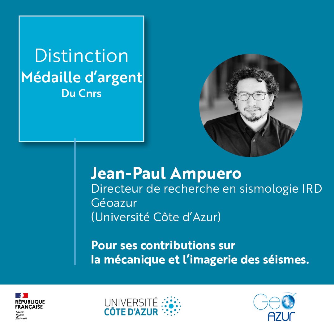 EURspectrum's tweet photo. Bravo à Jean-Pierre Ampuero, lauréat de la médaille d'agent du @CNRS ! 

Son prix récompense son travail de recherche sur la mécanique et l'imagerie des séismes.

👉 Article à retrouver : https://t.co/ihzVUOwUlS

@Univ_CotedAzur 
@umrGeoazur 
#recherche #géologie https://t.co/JaFRSdxtAp