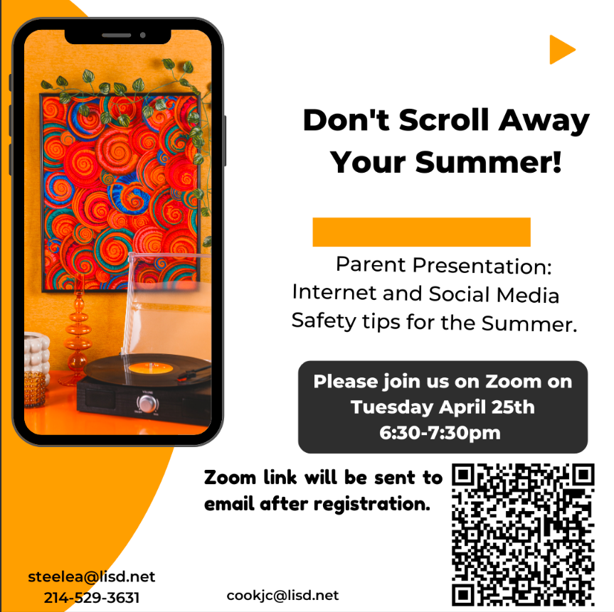 Check out this awesome virtual opportunity to learn about internet and social media safety!

Happening next Tuesday, April 25th from 6:30-7:30pm! To sign up scan the QR code below or use this link: tinyurl.com/InternetSafety…

<a href="/LISD_CSW/">LISD_CSW (Counseling & Social Work)</a> <a href="/LewisvilleISD/">Lewisville ISD</a> #InternetSafety