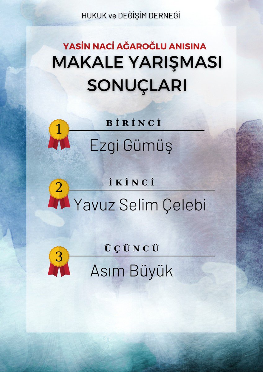Yasin Naci Ağaroğlu anısına düzenlenen makale yarışması sonucumuz belli olmuştur. 

1. Ezgi Gümüş
2. Yavuz Selim Çelebi
3. Asım Büyük 

Kendilerini tebrik ediyoruz. 

Makalelere aşağıdaki linkten ulaşabilirsiniz. 

hukukvedegisim.org/126-YASIN_NACI…