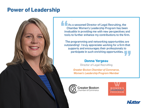 NutterLaw's tweet photo. Our Director of Legal Recruiting, Donna Yergeau, highlights how the @bostonchamber Women’s Leadership Program helped maximize her leadership style. We are inspired by the work of this #BosBizWoman. #PowerofNutter https://t.co/Ydxb3n9qUT