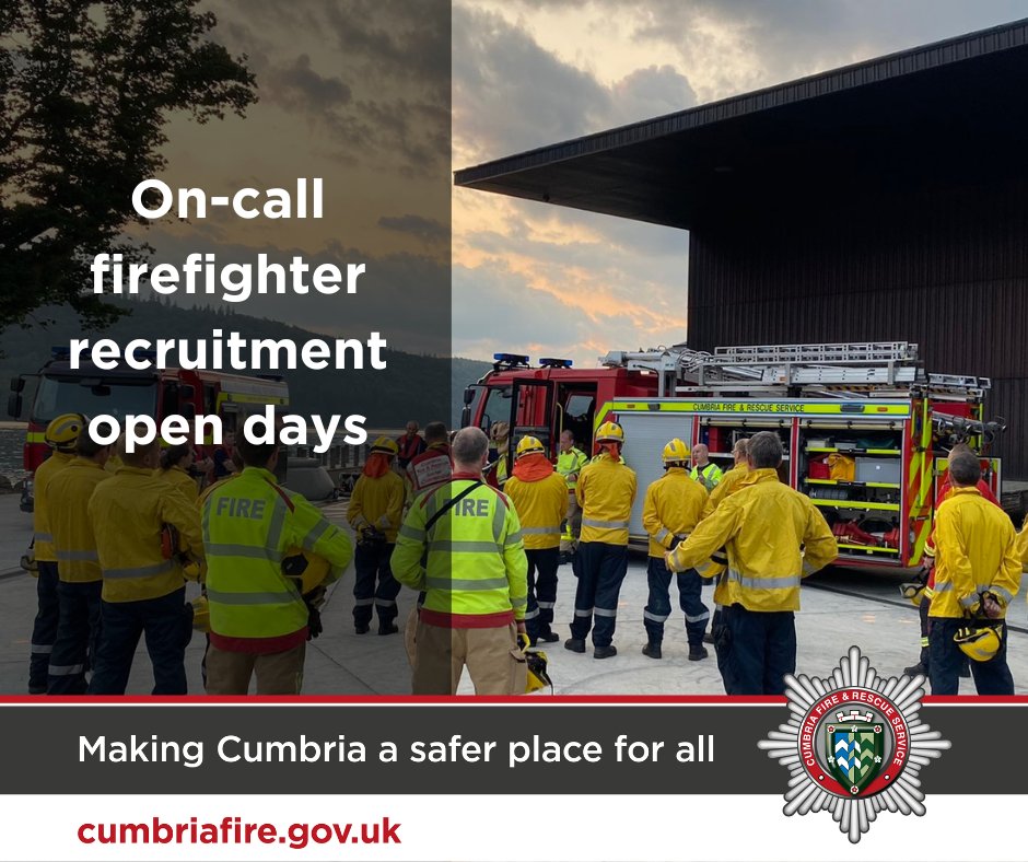 CumbriaFire's tweet photo. Our on-call firefighter recruitment is open! 

Come along to one of our open days. You can drop in, ask questions and meet the crew.  Find out more on our website: https://t.co/N7ILu7j3Vd https://t.co/zPQmnzRTVe