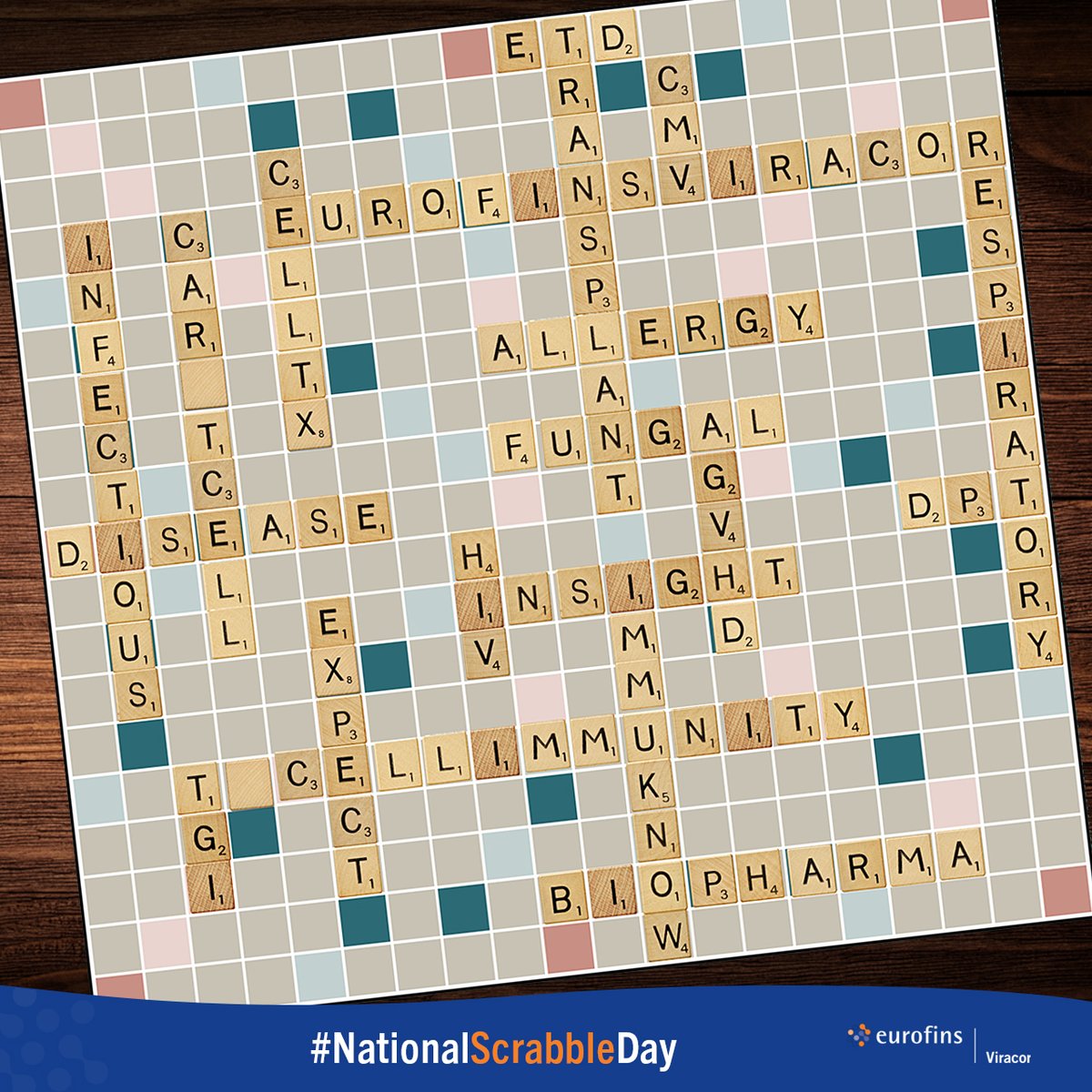 eurofinsviracor's tweet photo. April 13th is #NationalScrabbleDay. Use these choice words below to win at your next #scrabble game. 👇

Prophylaxis = 28 points
Cytomegalovirus = 26 points
Pneumococcal = 22 points
Epidemiology = 21 points
Physician = 19 points
Nephrology = 19 points
Hepatology = 19 points
Pharmacist = 19 points
Immunology = 18 points
ExPeCT = 17 points
Cardiology = 17 points
Infectious = 15 points
Transplant = 12 points