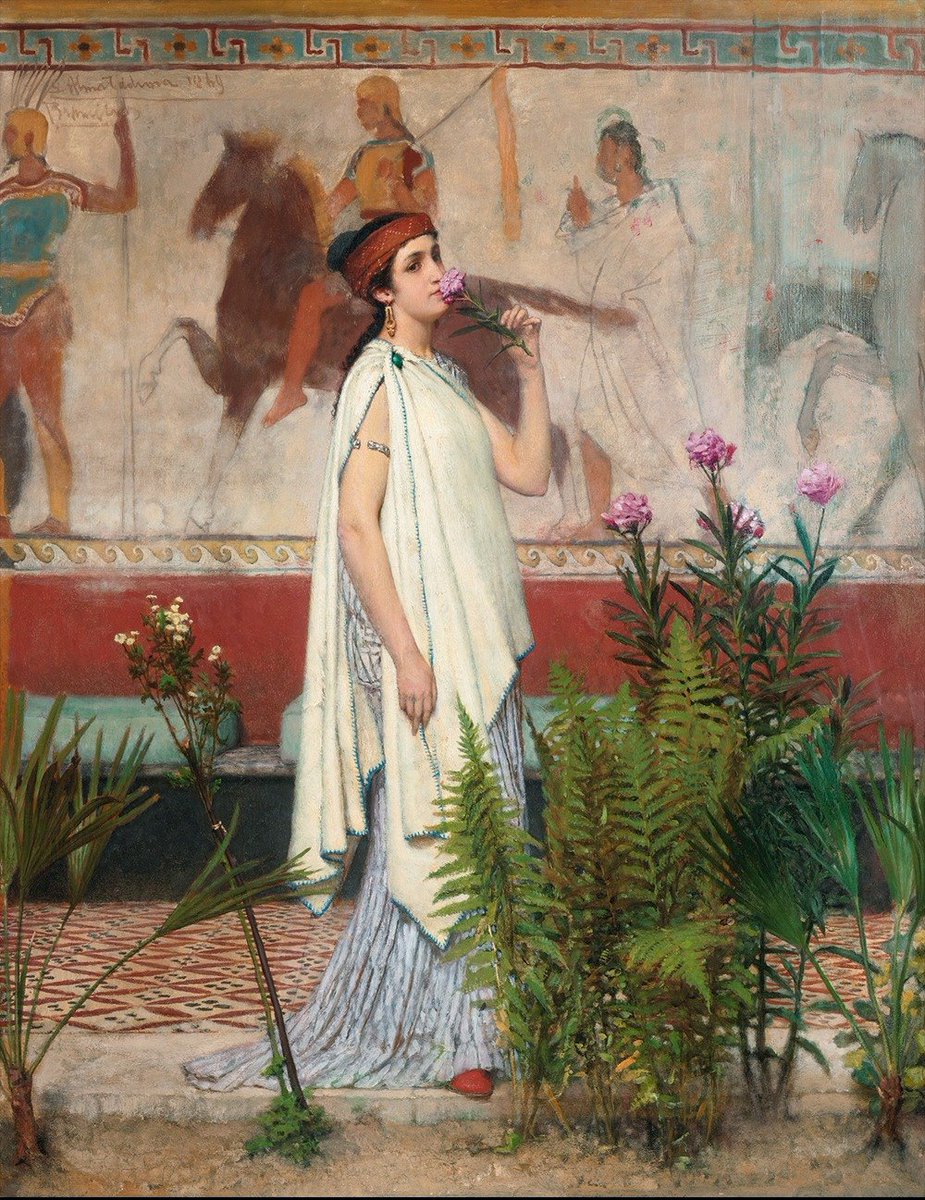 SantaConserva's tweet photo. @ElOjoCriticoRNE @eduardobarba_ Jardines hay muchos en la historia del arte... Pero uno de los pintores que supo captar la atmósfera de un jardín de la antigüedad fue Alma Tadema. Aquí un ejemplo " Una mujer griega " De 1863. Un deleite para los ojos. El libro de @eduardobarba_  una delicia! https://t.co/ABiw04wCdg