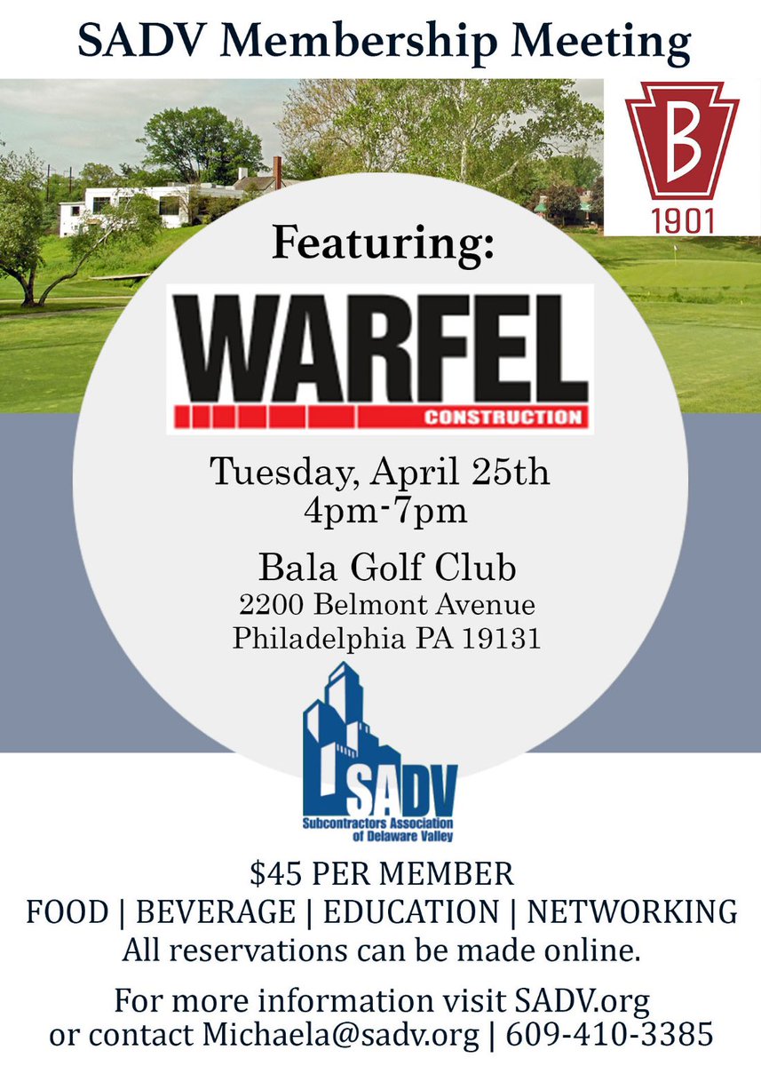 SadvPhilly's tweet photo. Join us at @balagc for our Monthly Membership Meeting Featuring @WarfelCC on Tuesday April 25th! 

#phillyconstruction #subcontractor #generalcontractor #philadelphia #SADV https://t.co/on6gRIBs3j