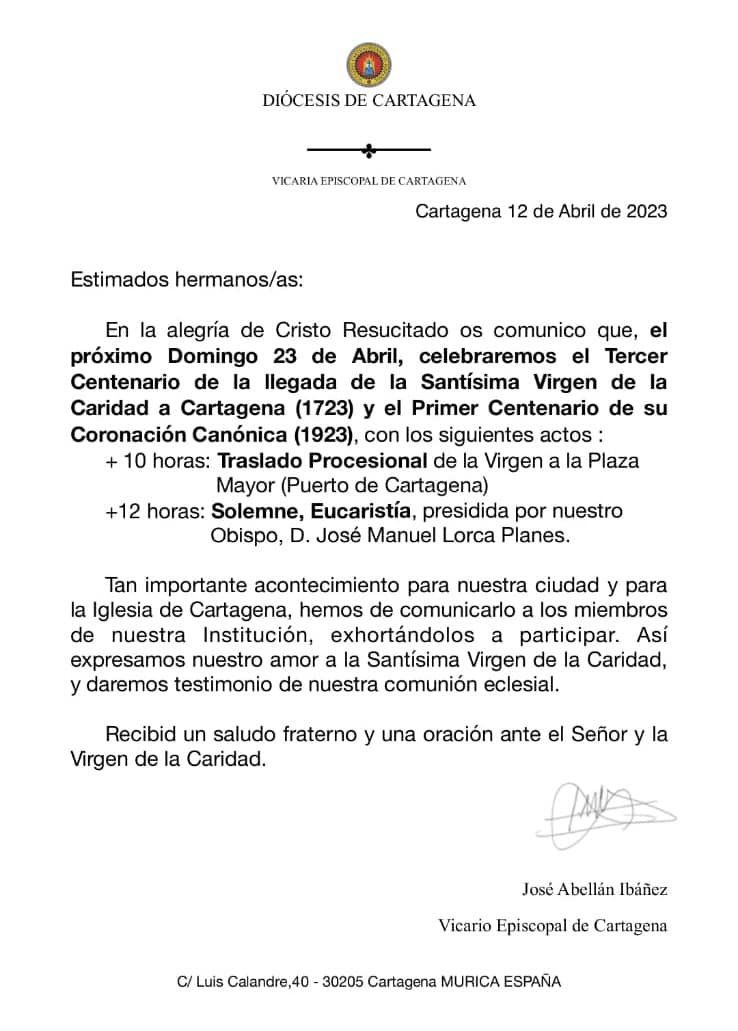 cofradiamarraja's tweet photo. 🔔 PROCESIÓN EXTRAORDINARIA VIRGEN DE LA CARIDAD 🔔 

Celebración del tercer centenario de la llegada de la Stma. Virgen de la Caridad a Cartagena (1723) y el primer centenario de su coronación canónica (1923). https://t.co/JqmLREYoku