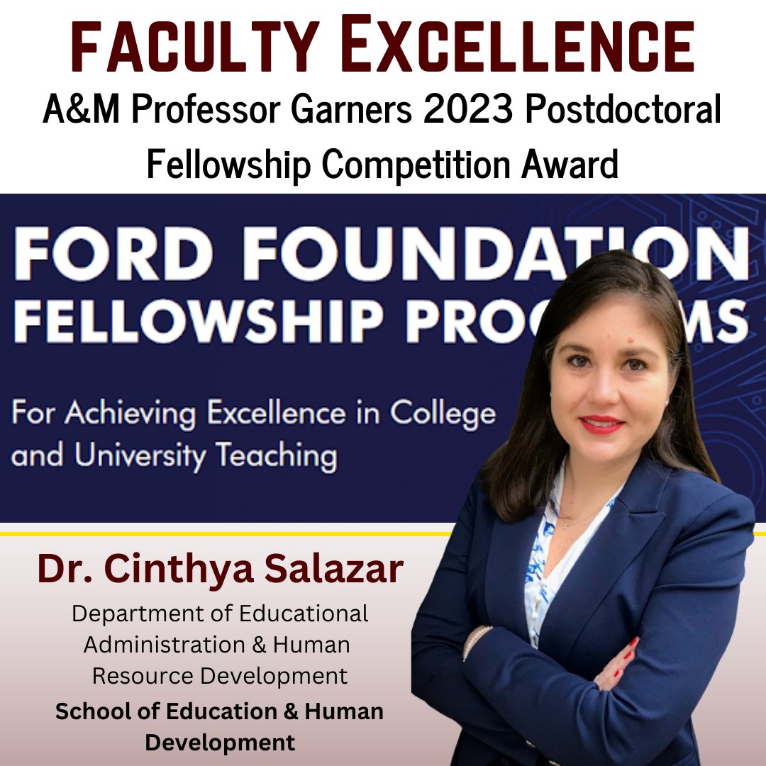 Congratulations to Dr. Cinthya Salazar for her selection as a 2023 Postdoctoral Fellowship Competition Award winner by the Ford Foundation!

Learn More About the Fellowships: sites.nationalacademies.org/PGA/FordFellow…

Gig 'Em, Dr. Salazar!

#FacultyExcellence #AwardsAndRecognition  #TAMUFaculty