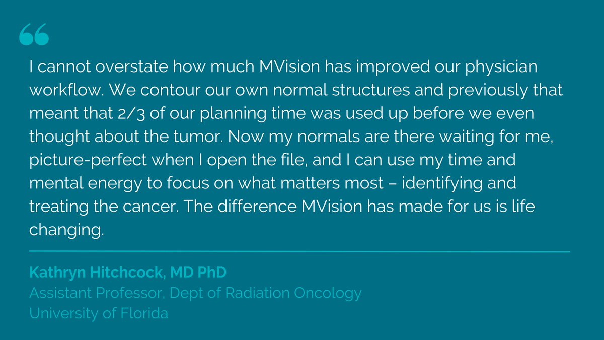mvisionai's tweet photo. Life-changing! #MVisionAI revolutionized our physician workflow by providing picture-perfect normal structures. Thank you for giving us more time to use our mental energy to focus on identifying and treating cancer instead of spending time contouring. Kathryn Hitchcock, MD PhD https://t.co/YNG7ci7EV8