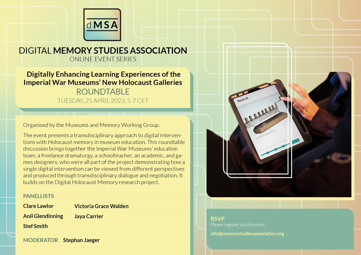 Interested in #digital #Holocaust #memory and/or #museums or #heritage culture? Join us for this free online event hosted <a href="/MemStudiesAssoc/">Memory Studies Association</a>

Email to register: info@memorystudiesassociation.org