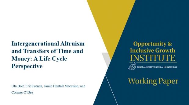 On left, text: Intergenerational Altruism and Transfers of Time and Money: A Life Cycle Perspective, Uta Bold, Eric French, Jamie Hentall Maccuish, and Cormac O'Dea
On right, text: Opportunity & Inclusive Growth Institute Working Paper