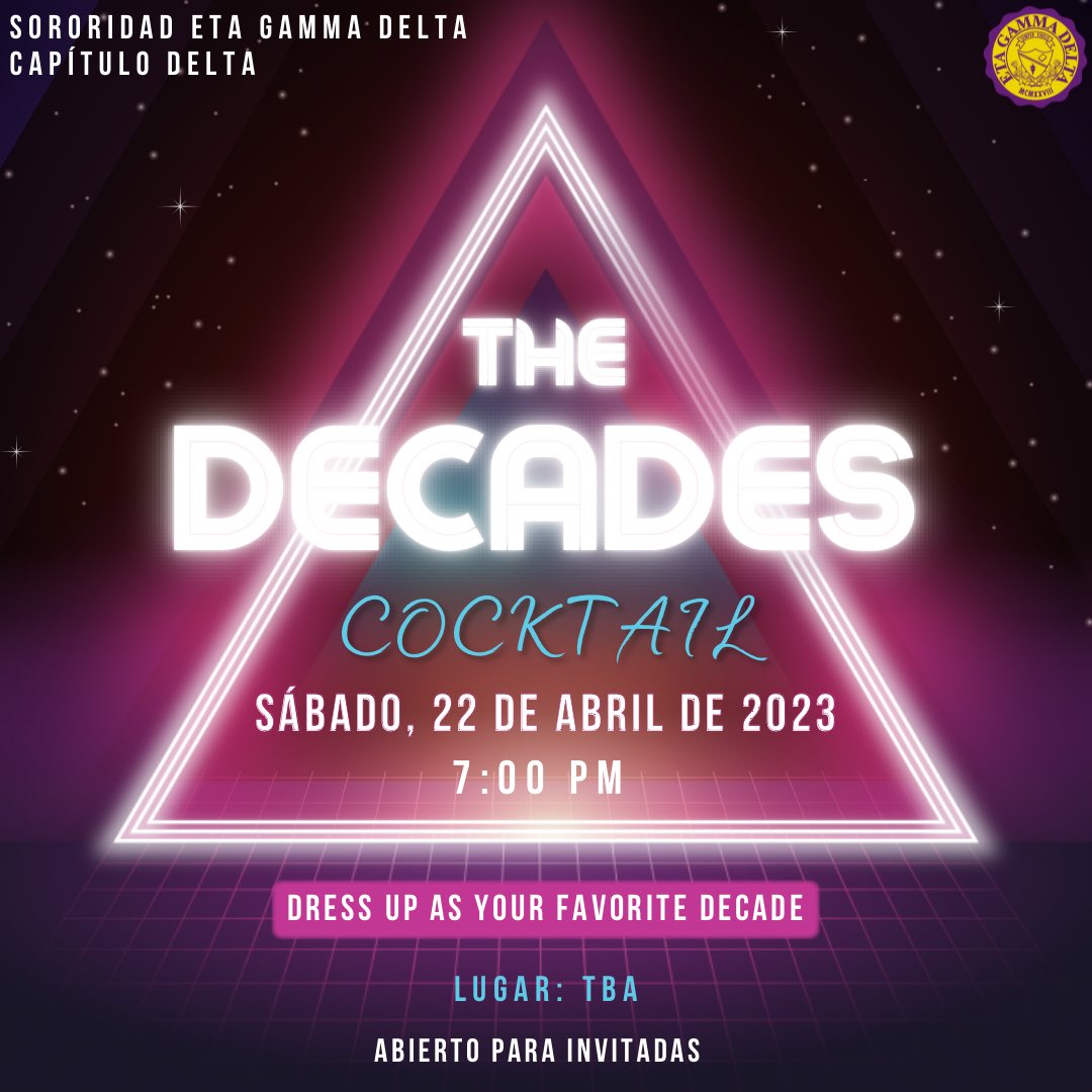 etagammadelta1's tweet photo. El Capítulo Delta les invita a participar de sus actividades del mes de abril. 💫

Get Ready For The Eta Convention 💃

The Decades Cocktail 🪩🎭🎲

Recogido de Donaciones 📦💞

¡Los esperamos y contamos con su apoyo!💛💜 https://t.co/n5VZuMY0ry