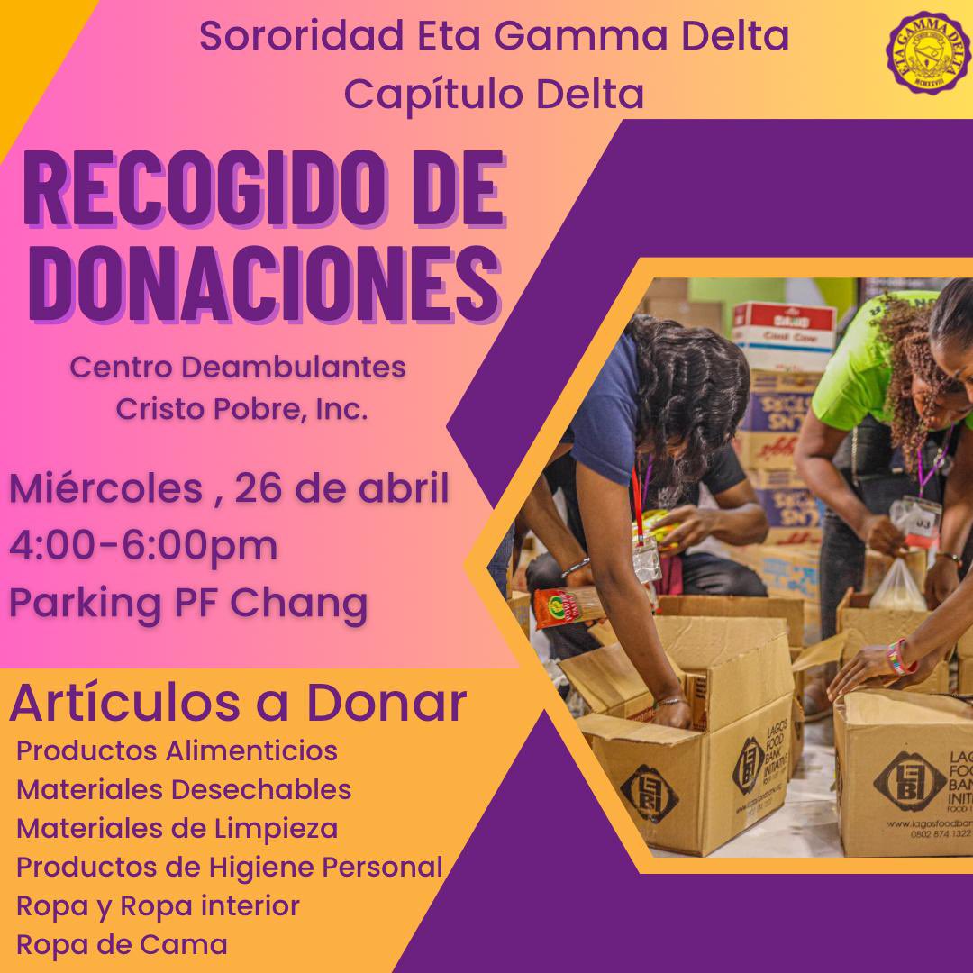 El Capítulo Delta les invita a participar de sus actividades del mes de abril. 💫

Get Ready For The Eta Convention 💃

The Decades Cocktail 🪩🎭🎲

Recogido de Donaciones 📦💞

¡Los esperamos y contamos con su apoyo!💛💜