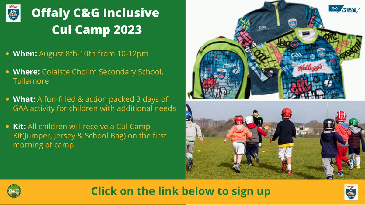 We're delighted to announce that Offaly C&amp;G in conjunction with <a href="/OffalySP/">Offaly Sports Partnership</a> will be running an Inclusive Cul Camp again this year.

For more info &amp; to sign up for this camp, please click on the link below. 

forms.office.com/e/sJj9fZ2wFZ

#KelloggsGAACulCamps