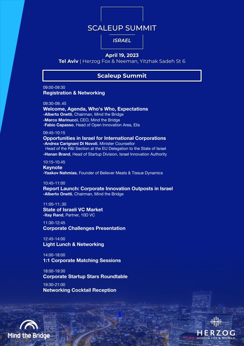 MindTheBridge's tweet photo. #SSUMMIT23
🗓 April 19th
📌 #Scaleup Summit #Israel OFFICIAL OPENING
📍 #TelAviv 🇮🇱
✔️"Corporate Innovation Outposts in Israel" Report
✔️Corporate Startup Stars Roundtable (CSS)
✔️Corporate Challenges presentation
✔️Keynote speech
Reserve your spot 👉🏻 https://t.co/JRBSxJ2t3h https://t.co/ZGz1J6y2vb