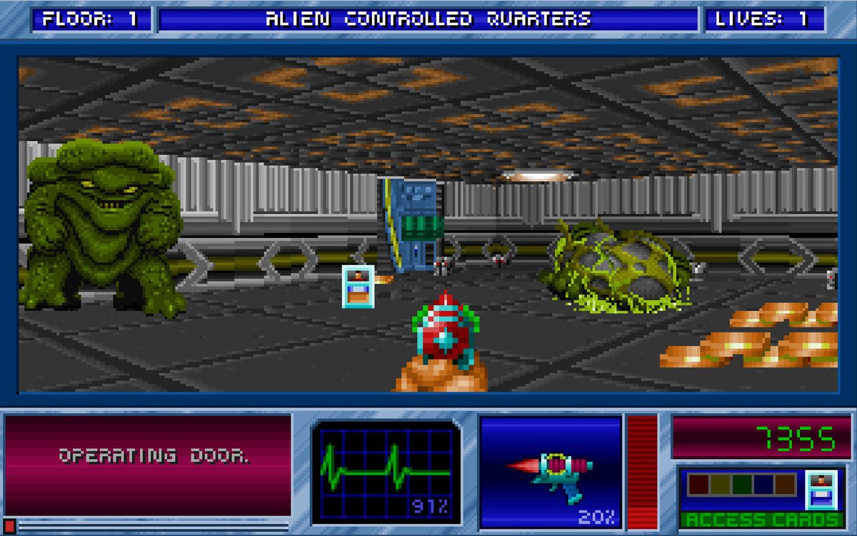Nicozilla_FR's tweet image. Sorti qlqs jours avant #DOOM, l'oublié #BlakeStone (JAM Prod.) avait pourtant de chouettes idées pour un rip off de #Wolfenstein3D (destructions de certains murs, des PNJ scientifiques qui tentent de vous aider, une carte qui se dessine toute seule et même du backtracking).