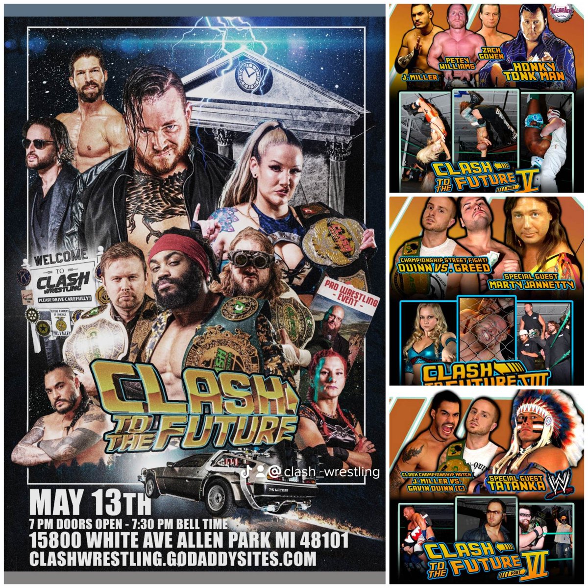 clashwrestling's tweet photo. We're keeping the #nostalgic journey alive! We're bringing back the #OldSchool Flyers, featuring some #WWE #Legends! Don't forget to mark your calendars for 5/13 when #CLASHWrestling returns with #CLASHTOTHEFUTURE! 
#throwbackthursday #prowrestling #WrestlingTwitter #Wrestling https://t.co/P8PkinyDvU