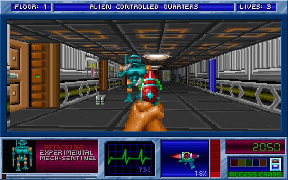 Nicozilla_FR's tweet image. Sorti qlqs jours avant #DOOM, l'oublié #BlakeStone (JAM Prod.) avait pourtant de chouettes idées pour un rip off de #Wolfenstein3D (destructions de certains murs, des PNJ scientifiques qui tentent de vous aider, une carte qui se dessine toute seule et même du backtracking).