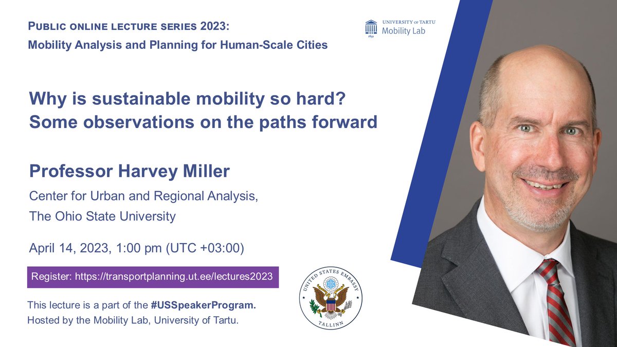 UT_moblab's tweet photo. Just a reminder!
Prof Harvey Miller (@MobileHarv) @OSUCURA @OhioState
Will address the transition to sustainable mobility in his #USSpeakerProgram lecture!
#sustainablemobility #transition #urbandata
TOMORROW, April 14, 1:00 pm (UTC +03:00),
Register: https://t.co/jQawasyAA5 https://t.co/ujPzraKJ0g