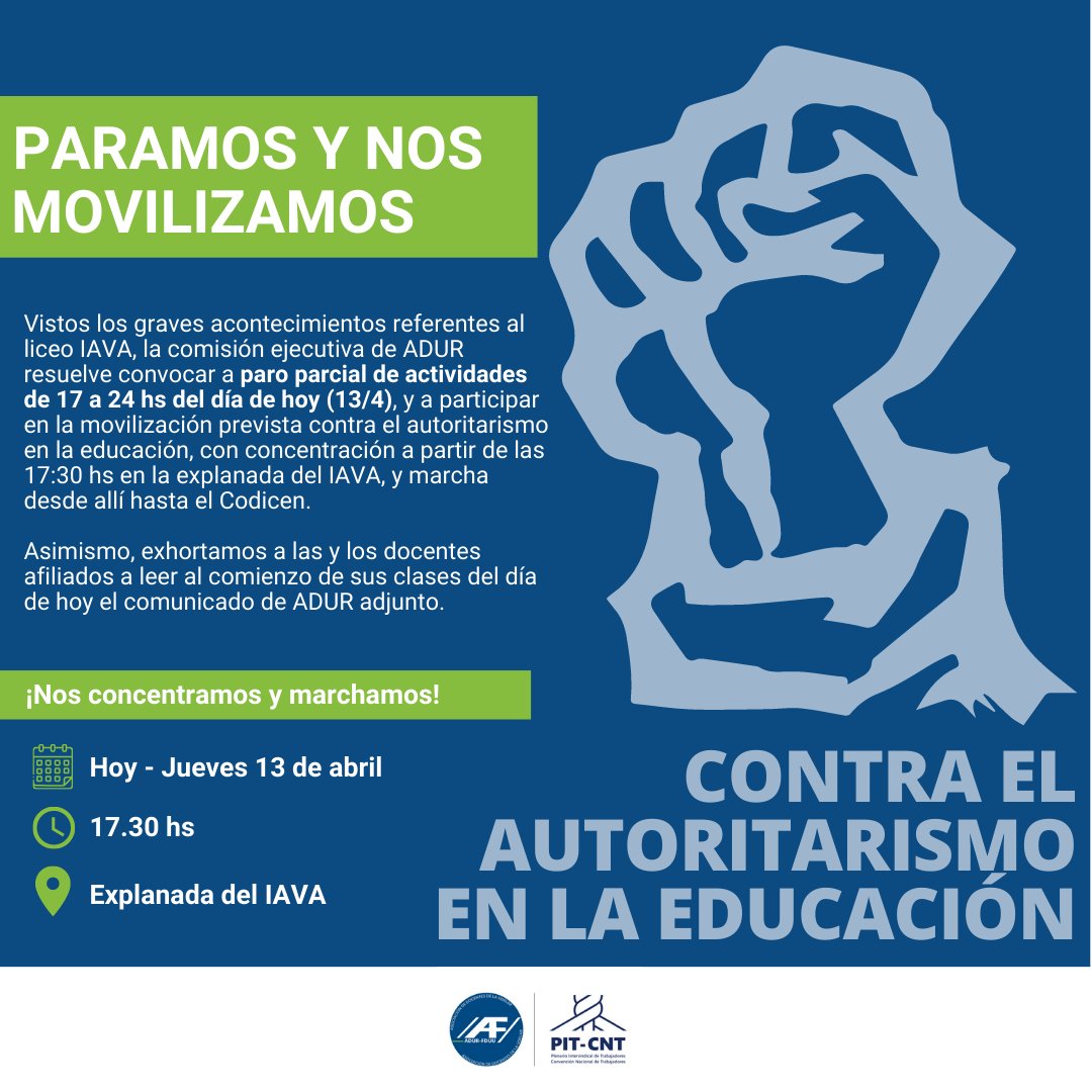 adur_udelar's tweet photo. 🛑 HOY paramos y nos movilizamos contra el autoritarismo en la educación! https://t.co/f34jpSgyqv