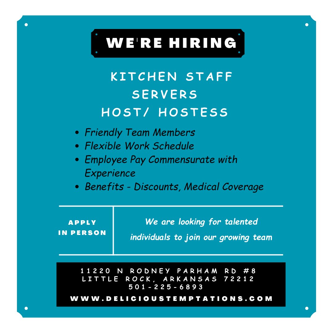 DeliciousTemp's tweet photo. We're Hiring! 
Have you heard? We will soon be expanding. We are looking for all POSITIONS! Join our family-owned and run restaurant; with the friendliest crew in town! Hope to see you soon. https://t.co/NCPpBibVvD