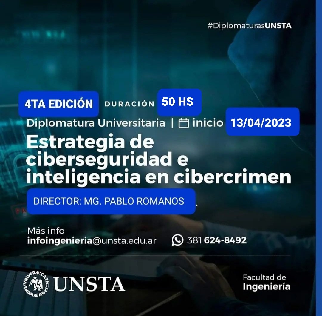 IngenieriaUnsta's tweet photo. La ciberseguridad, un área cada vez más relevante a nivel global
Iniciamos hoy 13/04!
Dirección Mg. Ing. @pabloromanos
¡𝗧𝗘 𝗘𝗦𝗣𝗘𝗥𝗔𝗠𝗢𝗦!
Modalidad: 100% on line
Duración: 4 meses
infoingenieria@unsta.edu.ar
https://t.co/eONljkNcWf
#ciberseguridad #cibercrimen #UNSTA https://t.co/iyknw0FUFE